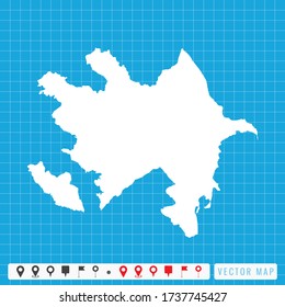 Vector blue map of Azerbaijan and pins icon.
