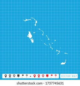 Vector blue map of The Bahamas and pins icon.