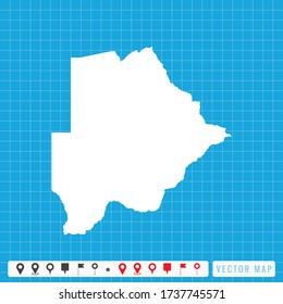 Vector blue map of Botswana and pins icon.