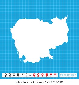 Vector blue map of Cambodia and pins icon.