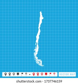 Vector blue map of Chile and pins icon.