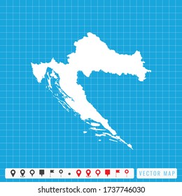 Vector blue map of Croatia and pins icon.