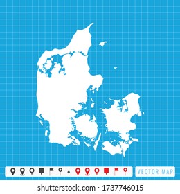 Vector blue map of Denmark and pins icon.
