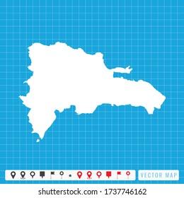 Vector blue map of Dominican Republic and pins icon.