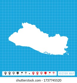 Mapa azul vectorial de El Salvador e icono de pines.