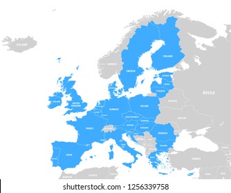 Vector Blue Map Of The European Union With Extra UE Countries In Grey On A White Background