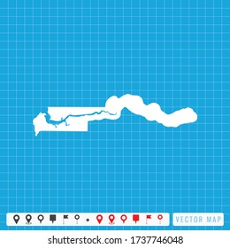 Mapa azul vectorial de Gambia e icono de pines.