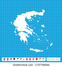 Mapa azul vectorial de Grecia e icono de pines.