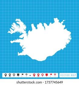 Vector blue map of Iceland and pins icon.