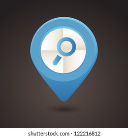 Vector blue map icon with magnifying glass