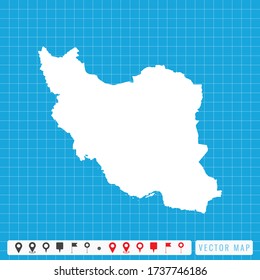 Mapa azul vectorial de Irán e icono de pines.