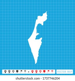 Vector blaue Karte von Israel und Pins Icon.