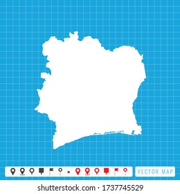 Vector blue map of Ivory Coast and pins icon.