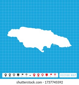 Mapa azul vectorial de Jamaica e icono de pines.