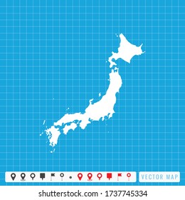 Mapa azul vectorial de Japón e icono de pines.