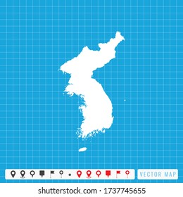 Mapa azul vectorial de Corea e icono de pines.