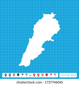 Mapa azul vectorial del Líbano e icono de pines.