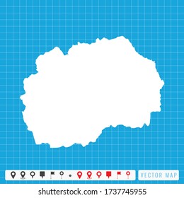 Vector blue map of Macedonia and pins icon.
