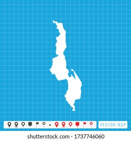 Vector blue map of Malawi and pins icon.