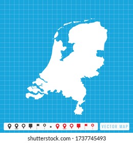 Vector blue map of Netherland and pins icon.