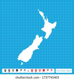 Vector blue map of New Zealand and pins icon.
