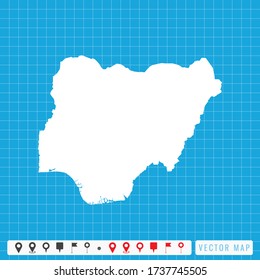 Vector blue map of Niger and pins icon.