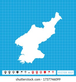 Vector blue map of North Korea and pins icon.