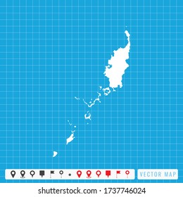 Mapa azul vectorial de Palau e icono de pines.