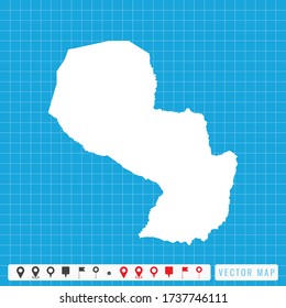 Vector blue map of Paraguay and pins icon.