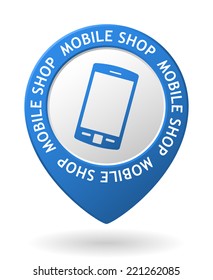 vector blue map pointer with mobile shop icon