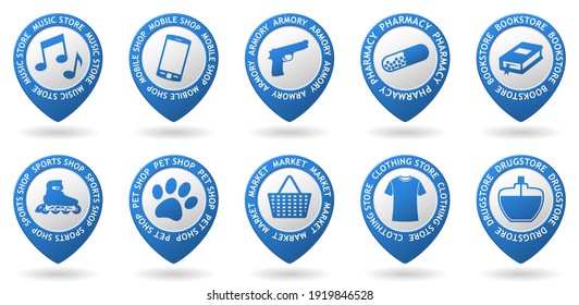 vector blue map pointers with shops icon, store points
