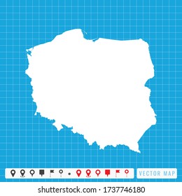 Vector blaue Karte von Polen und Pins Icon.