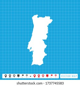 Mapa azul vectorial de Portugal e icono de pines.