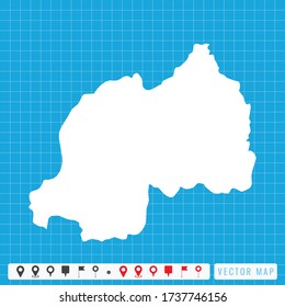 Vector blue map of Rwanda and pins icon.