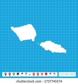 Vector blue map of Samoa and pins icon.
