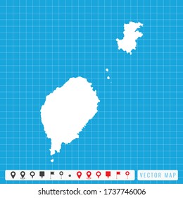 Vector blue map of Sao Tome and pins icon.