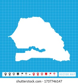 Vector blue map of Senegal and pins icon.