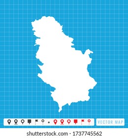 Mapa azul vectorial de Serbia e icono de pines.