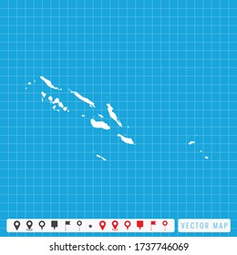 Vector blue map of Solomon Island and pins icon.