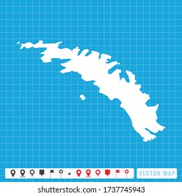 Vector blue map of South Georgia and pins icon.