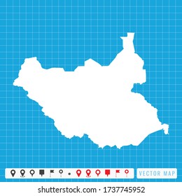 Vector blue map of South Sudan and pins icon.