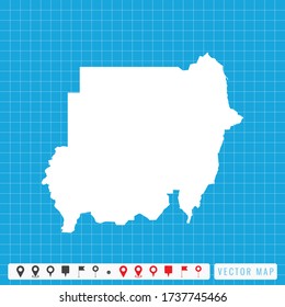 Vector blue map of Sudan and pins icon.