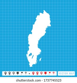 Vector blaue Karte von Schweden und Pins Icon.