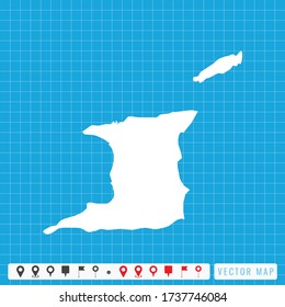 Vector blue map of Trinidad and Tobago and pins icon.