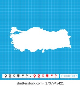 Mapa azul vectorial de Turquía e icono de pines.