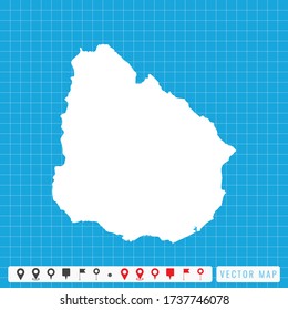 Vector blaue Karte von Uruguay und Pins Icon.
