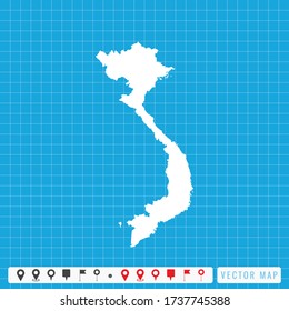 Vektor blaue Karte von Vietnam und Pins Icon.