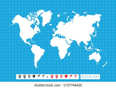 Mapa azul vectorial del icono Mundo y pines.