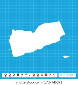 Mapa azul vectorial de Yemen e icono de pines.