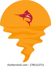 Vector of blue marlin fish on sea and sunset in background. Sail fish jumping out of water company logo illustration design
